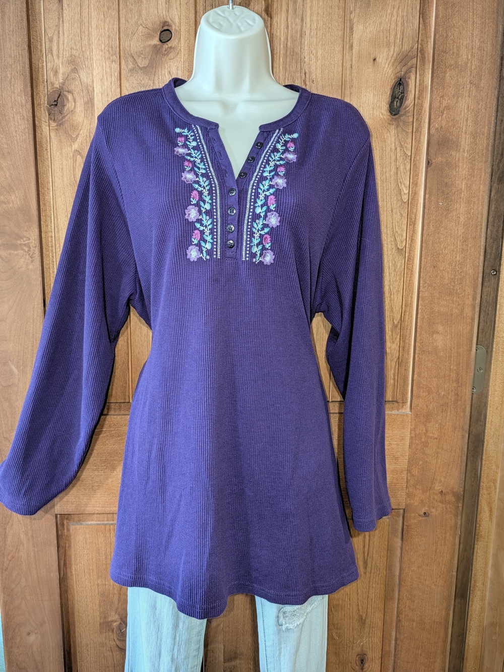 Woman Within Purple Embroidered Long-Sleeve Henley